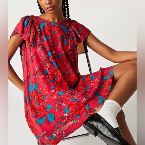 🔖 FREE PEOPLE
Yara Printed Flutter-Sleeve Floral Minidress Pink Red OB1705306 - Picture 8 of 10